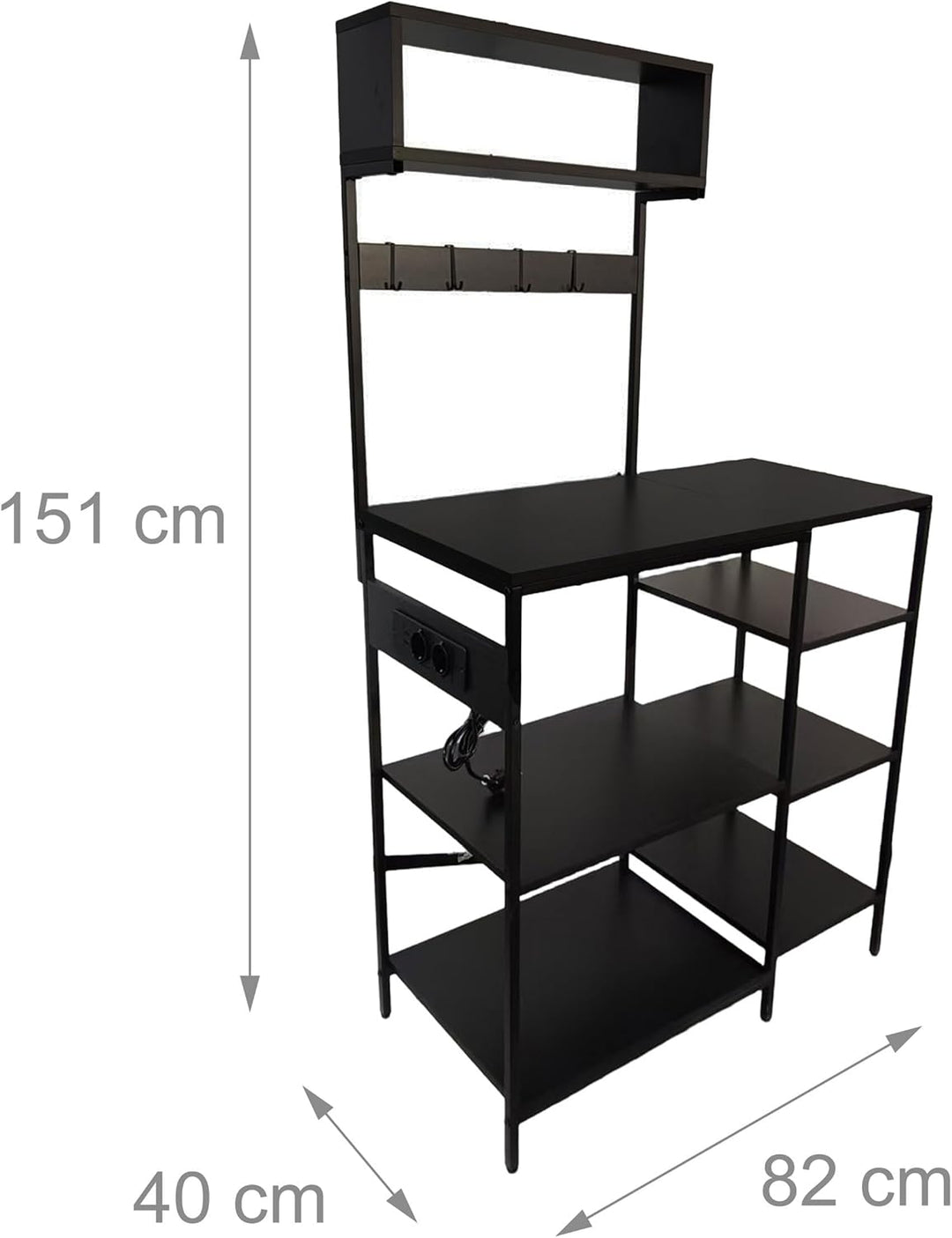 Relaxdays Küchenregal aus schwarzem Metall mit USB-Steckdosen, Halterung für Mikrowelle, 151 x 82 x