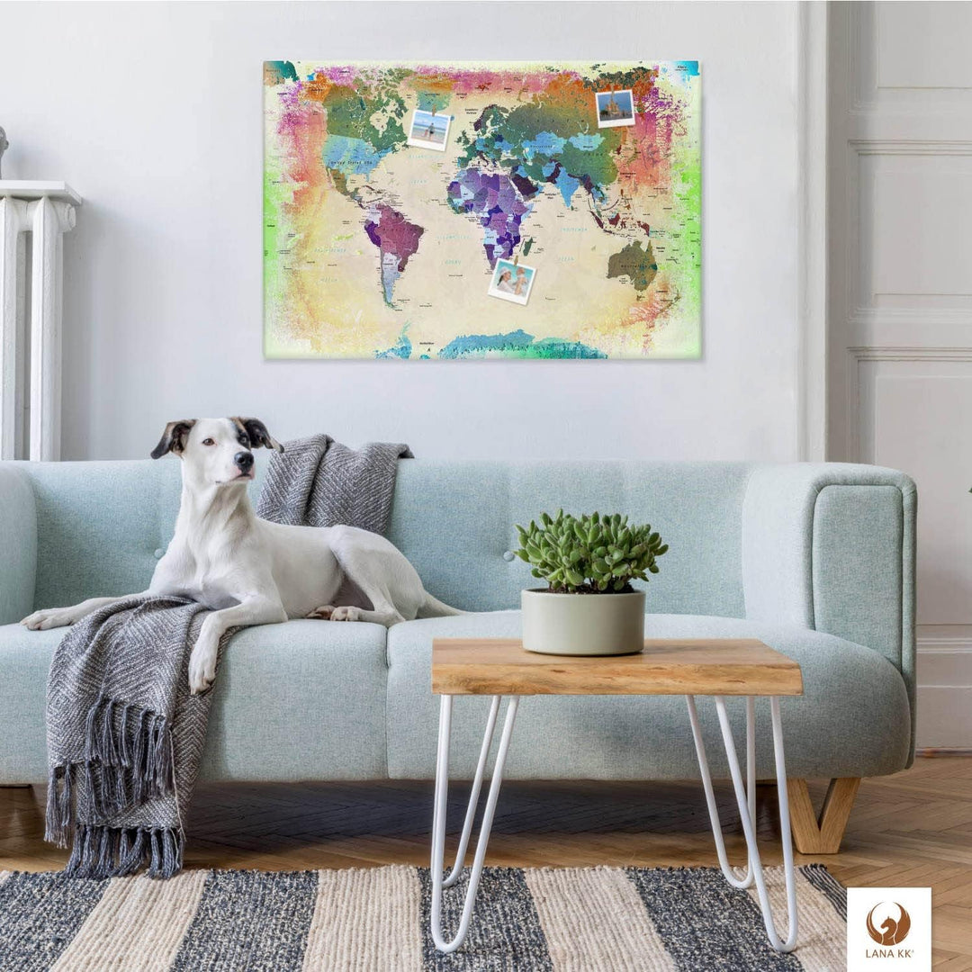 Stilvolle Pinnwand Weltkarte - Bunt - Deutsch in 120 x 80 cm, stabile Rückwand zum Pinnen inkl. Star