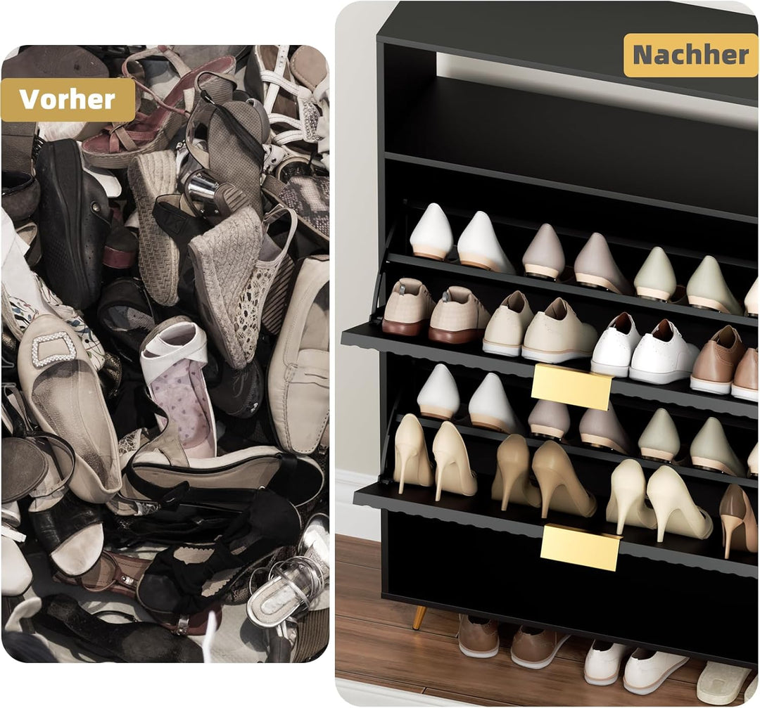 Urban Deco Schuhschrank Schwarz, 75 x 24 x 116 cm, Schuhkipper mit 2 Klappen, Schuhregal Schmal mit