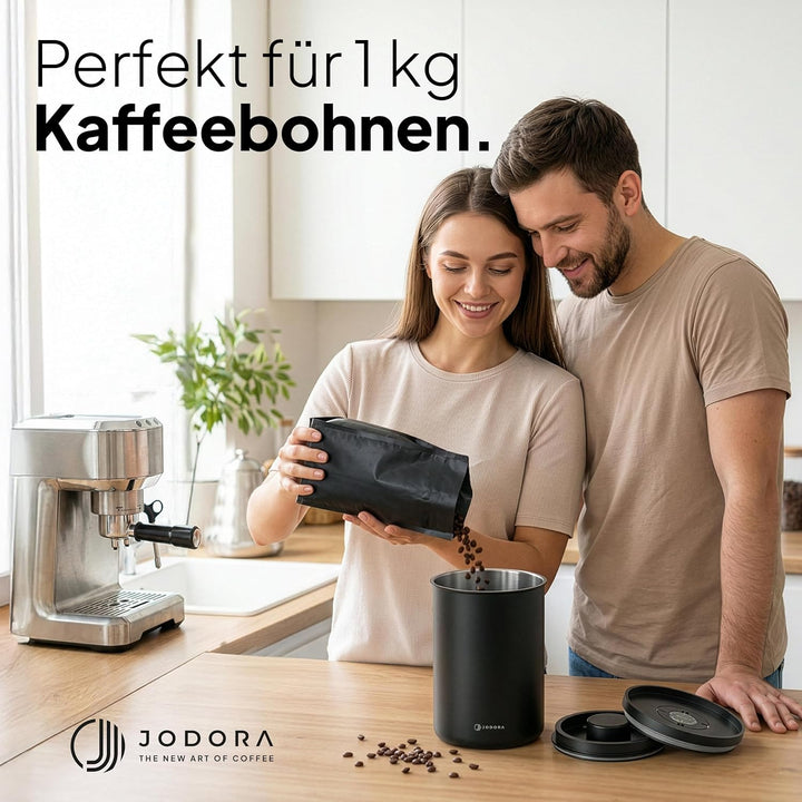 JODORA Kaffeedose Luftdicht 1KG Bohnen aus hochwertigen Edelstahl mit innovativem Vakuumverschluss -