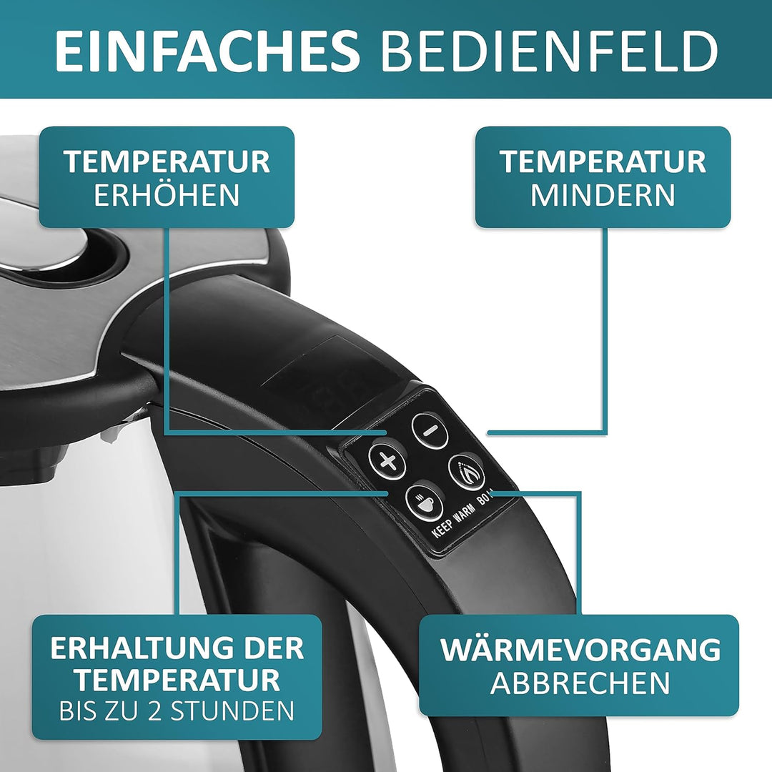 Glas Wasserkocher 1,8 Liter | 2200 Watt | Edelstahl mit Temperaturwahl | Teekocher | 100% BPA FREI |