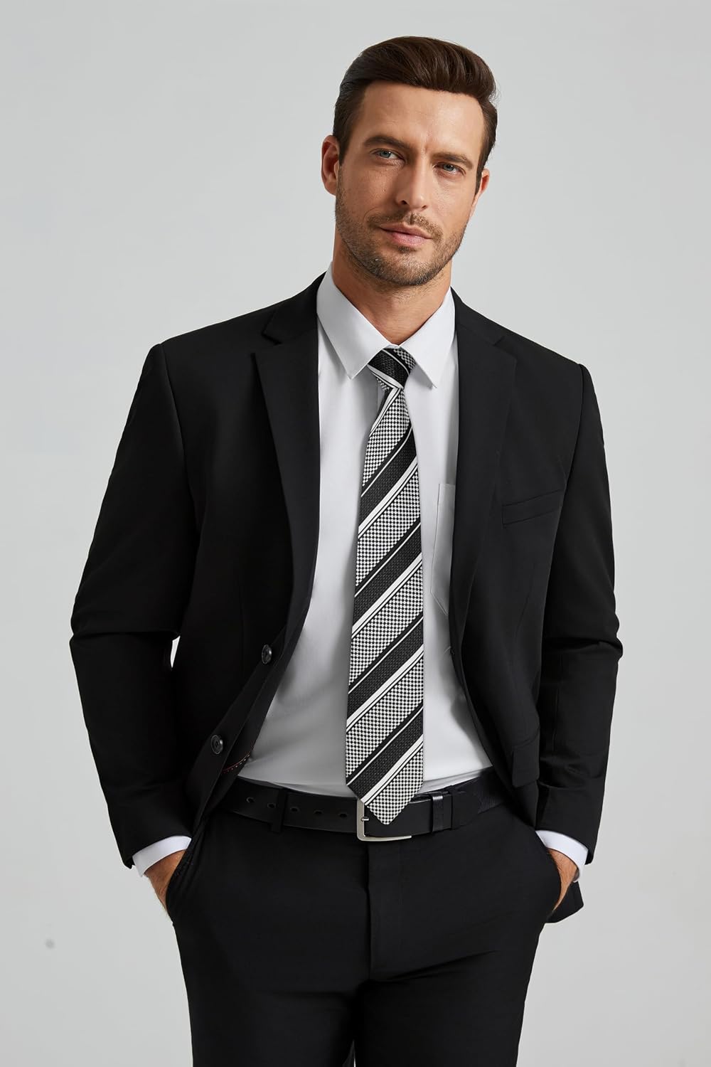 HISDERN Herren Hemd Langarm Einfarbige Hemden mit Krawatte und Taschentuch Formelle Businesshemd Hoc