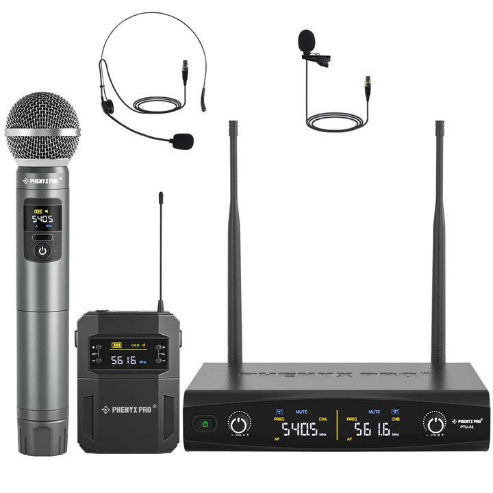 Phenyx Pro Dual UHF Hand/Bodypack Funkmikrofon-Set PTU-52-1H1B | Auto-Pairing, Metallmikro, Headset-