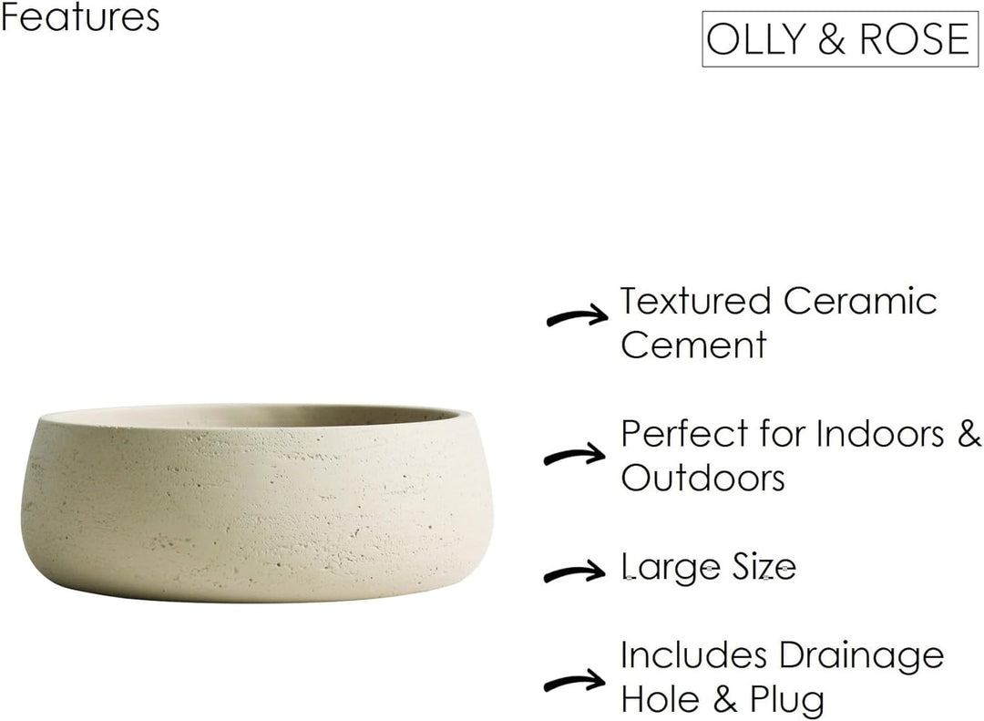 Olly & Rose Grosser Keramik-Pflanzgefäss, flach, cremefarben, elfenbeinfarben, Blumentopf, für Innen