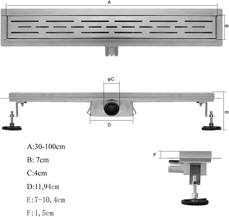 Duschrinne, 80cm,360?,Siphon mit Geruchsstop und Haarsieb Randablauf Befliesbar Edelstahl Ablaufrinn