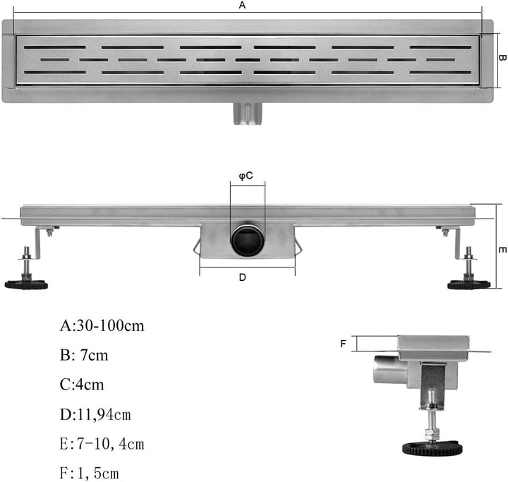 Duschrinne, 80cm,360?,Siphon mit Geruchsstop und Haarsieb Randablauf Befliesbar Edelstahl Ablaufrinn