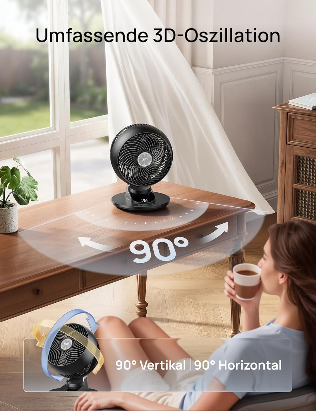 DREO 3D-Oszillierender Tischventilator für Schlafzimmer, 8,8 m/s starker Luftstrom, 22 dB leise, 90°