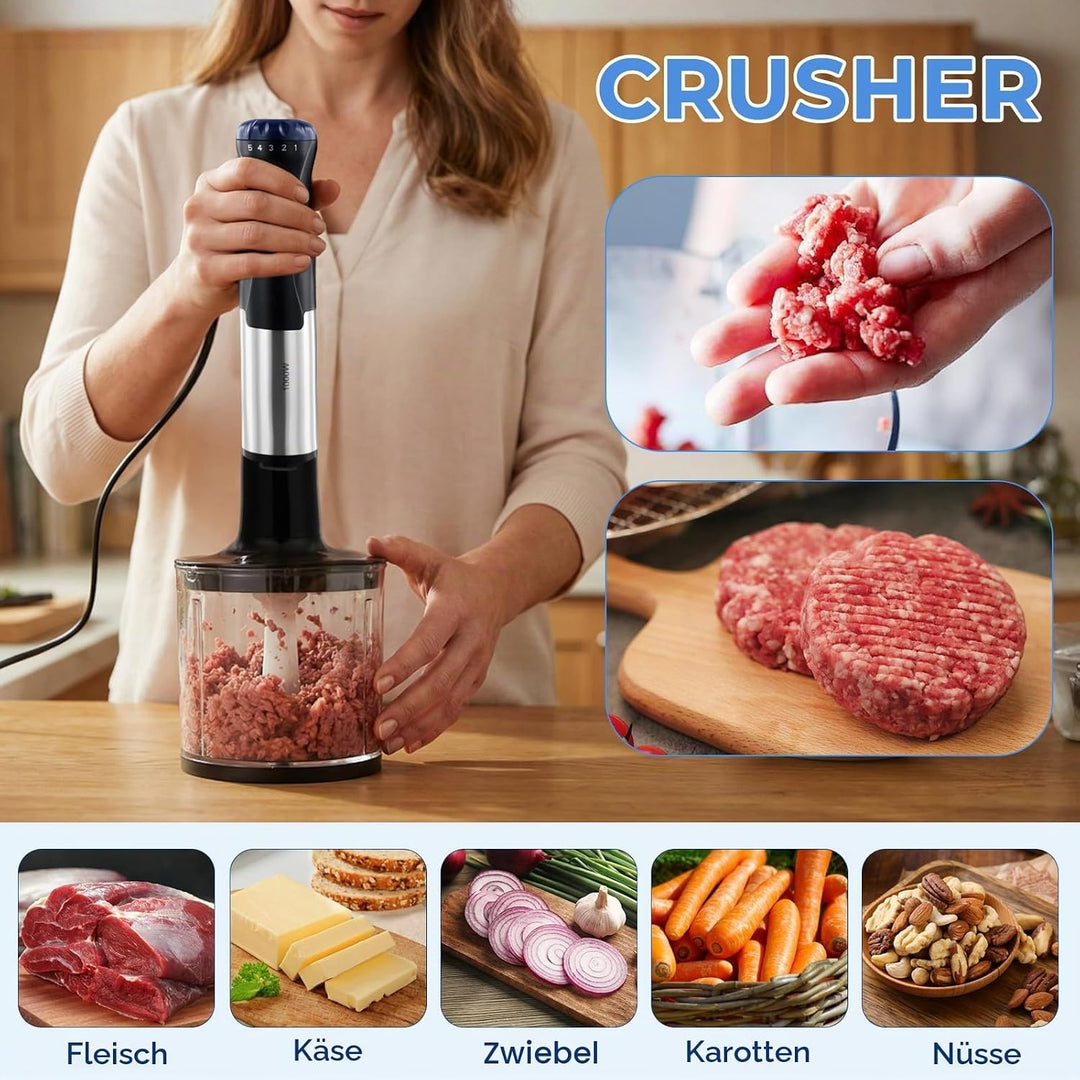 4-in-1 Stabmixer Edelstahl, 1000W Pürierstab mit 5 Geschwindigkeiten und Turbo-Modi, Schneebesen, 50