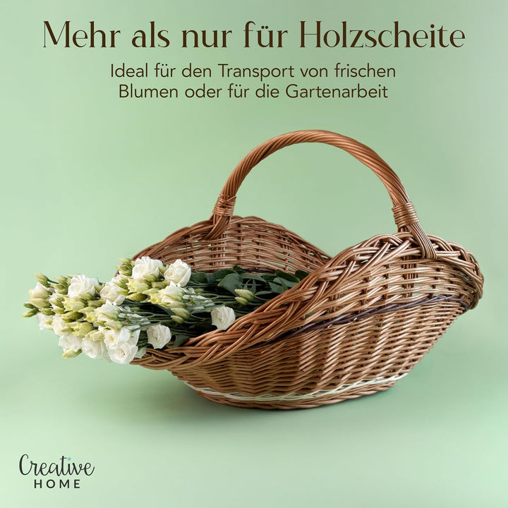 Creative Home Gross Holztrage Rattan Kaminholzkorb Kaminkorb Tragekorb | 67 x 41 x 43 cm | Aufbewahr
