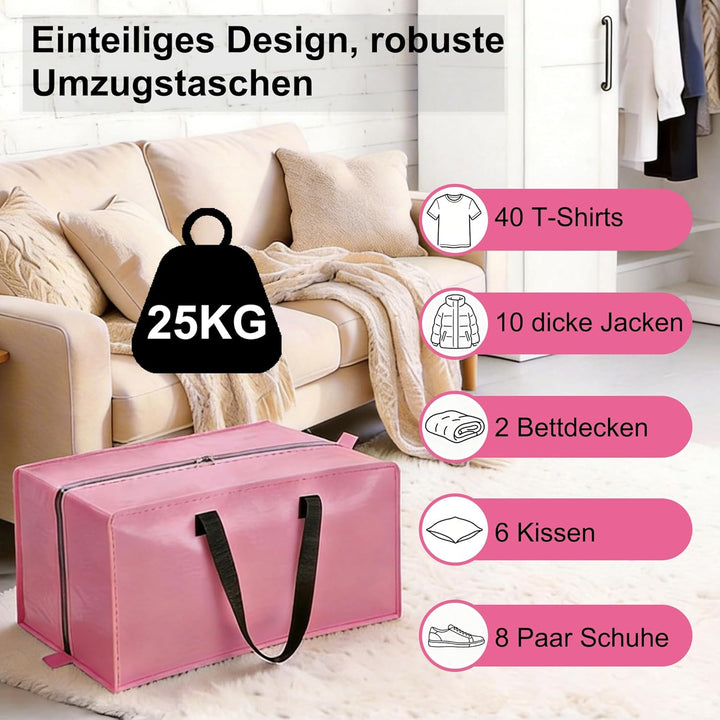FUSHITON Pink Umzugstaschen 6er Set, Extra Grosse 83L Aufbewahrungstaschen mit Reissverschluss & Ver