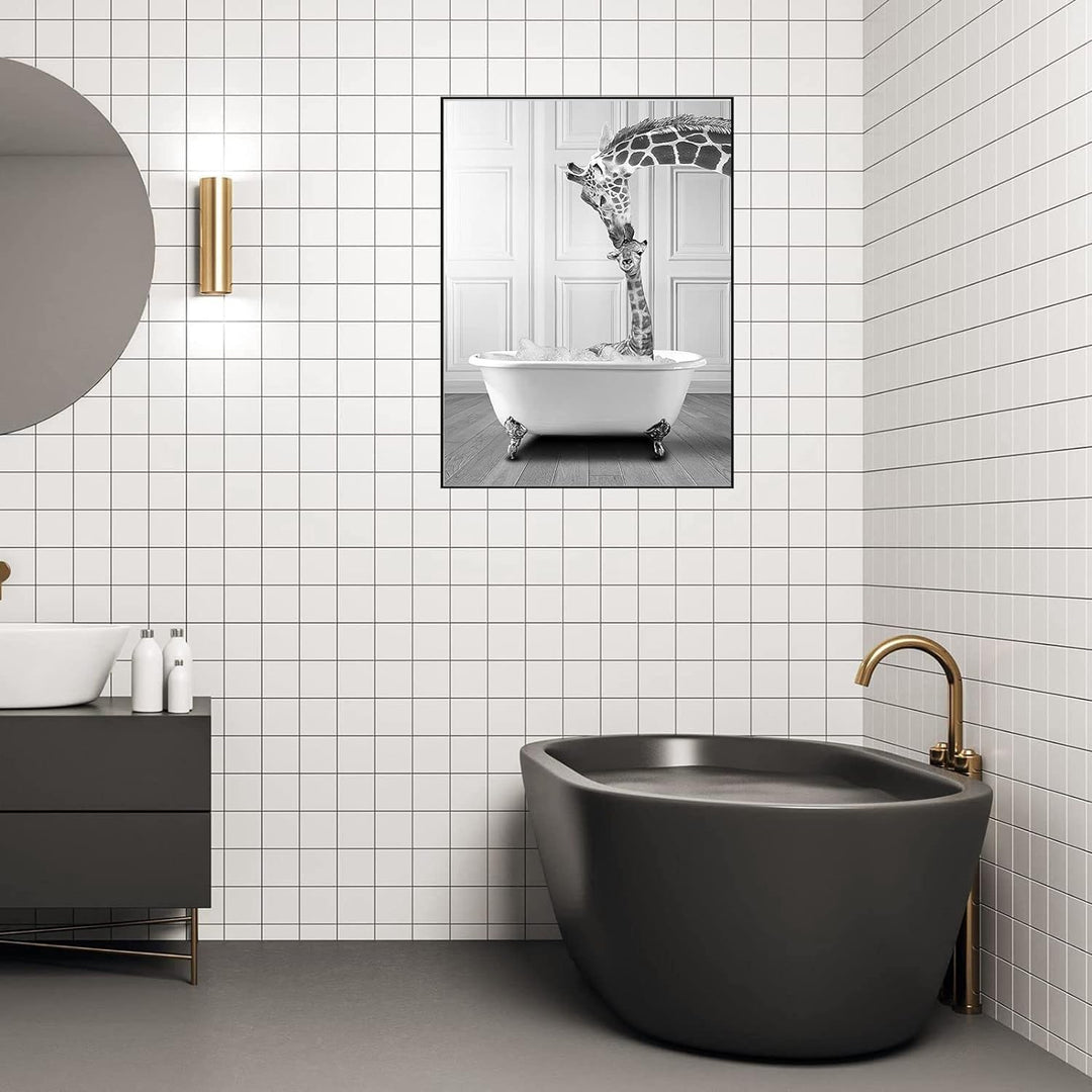 WADBTP Badezimmer Bilder,Schwarz Weiss Bilde,Lustige Tier in der Badewanne Leinwand Bilder für Wohnz