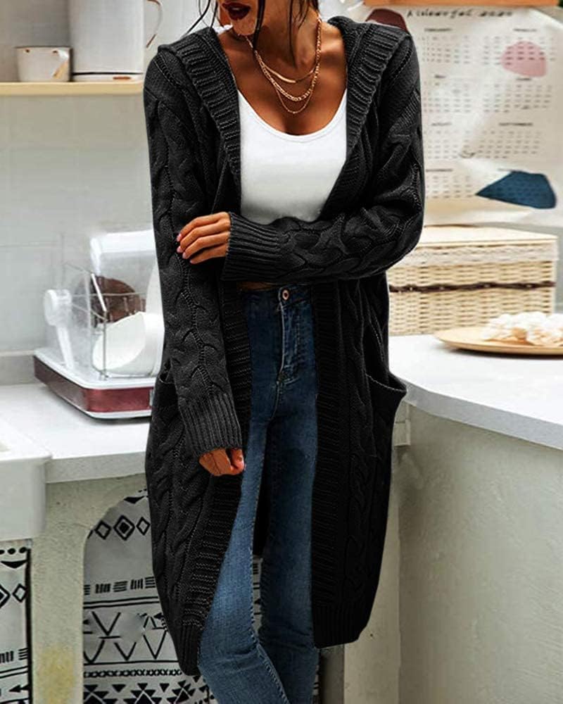 GeGekoko Strickjacke Damen mit Kapuze Langarm Grobstrick-Cardigan Open Front Sweater Herbst Winter C
