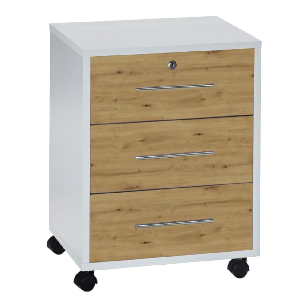 Rollcontainer TABOR Bürocontainer mobiler Aktenschrank Container mit Schubladen (weiss/Artisan Eiche