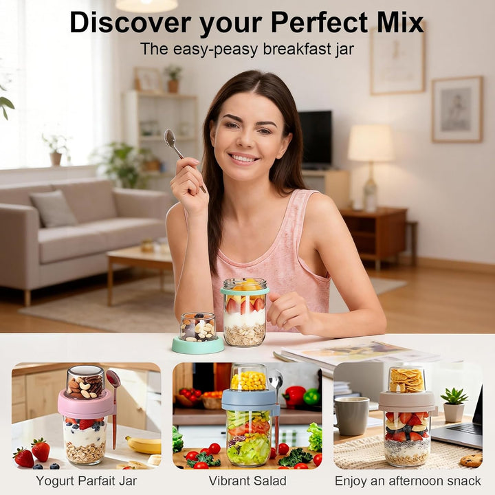 4er Müslibecher To Go, 480ml+120ml Overnight Oats Gläser, Joghurtbecher mit Doppelschicht-Design, Tr