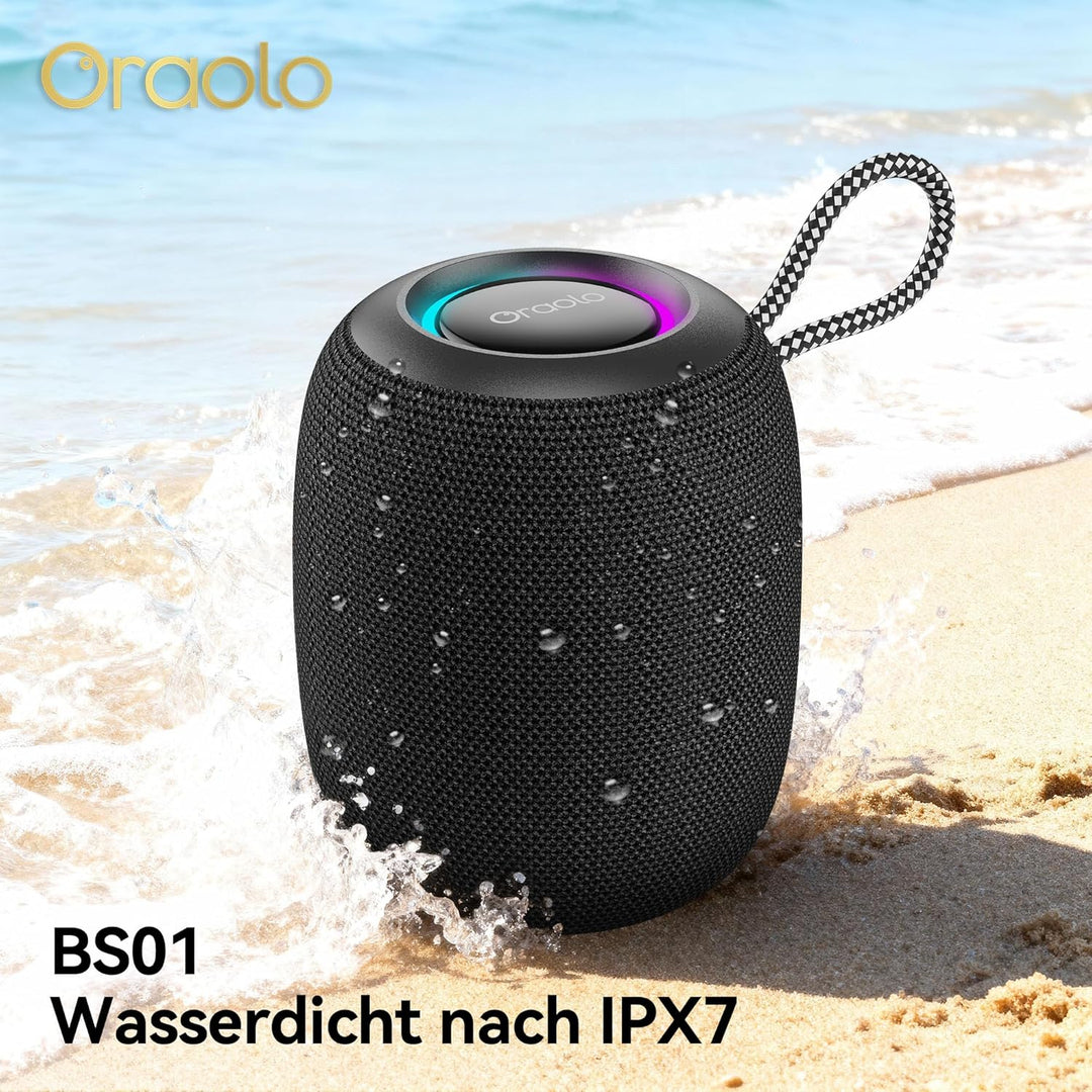 oraolo Bluetooth Lautsprecher mit 15W Audio, IPX7 Wasserdichter, 30 Stunden Abspielzeit, LED Beleuch