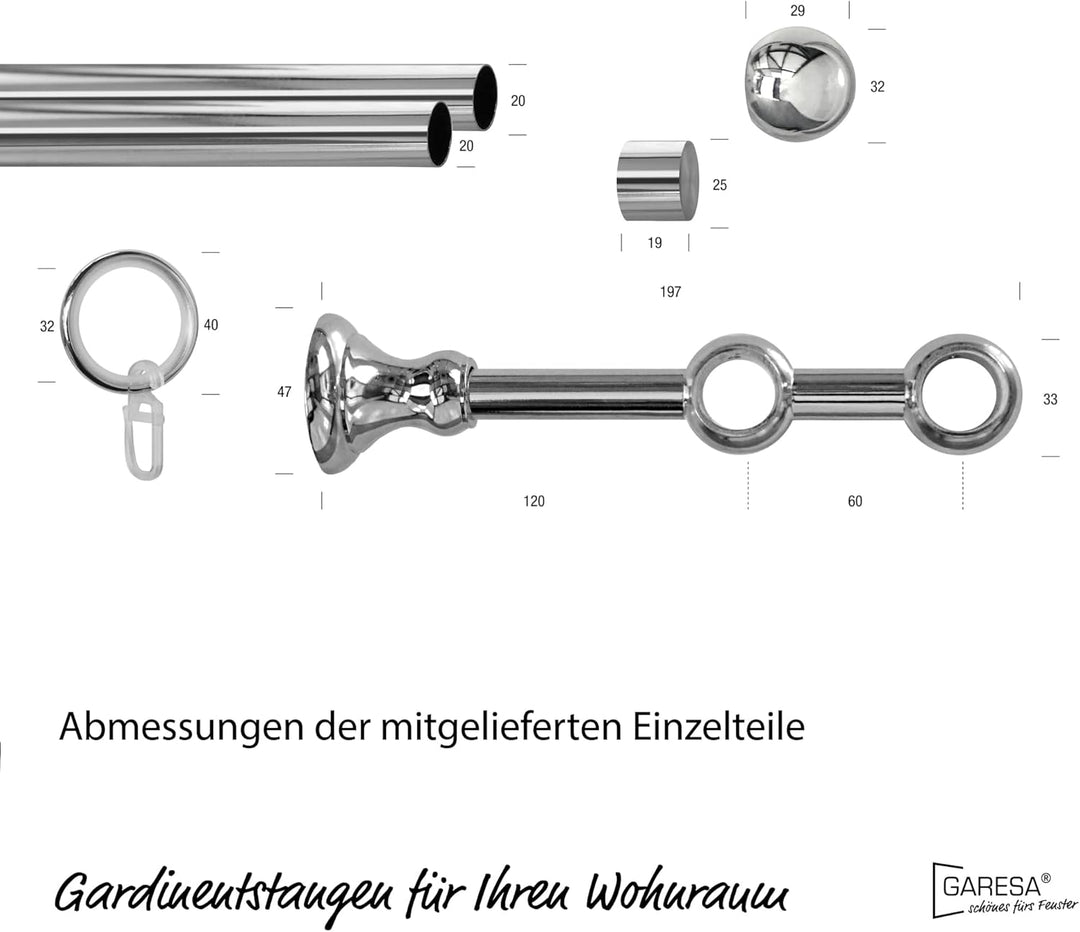 Garesa Gardinenstange Andrea Ø 20mm, 2-läufig, Chrom I Stabile Vorhangstange inkl. Ringe + Faltenleg