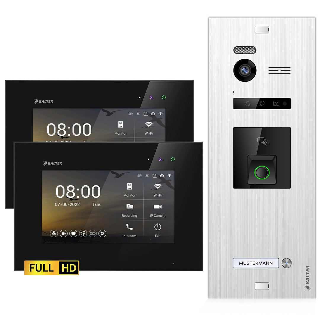 Balter EVO-HD Video Türsprechanlage mit Fingerprint, Video Türklingel, 1 Familienhaus, 2X 7 Zoll Mon