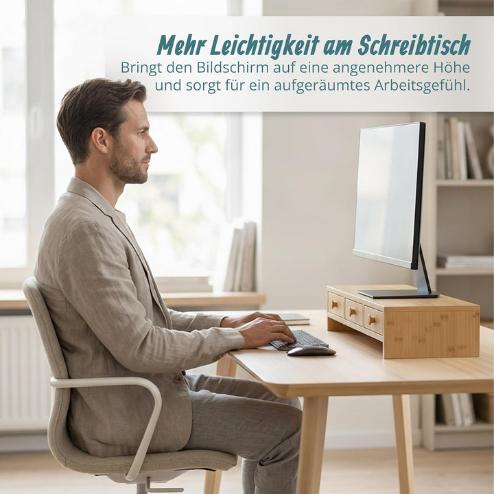 Relaxdays Monitorständer, 3 Schubladen, HxBxT: 12,5 x 51 x 24 cm, MDF, Monitorerhöhung Schreibtisch,
