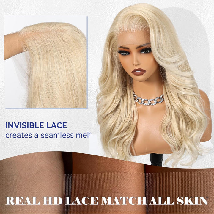 HAIRCUBE 13x6 HD Synthetische Lace-Front-Perücke, 24 Zoll Platinblond Lange Lockige Stufenperücken,