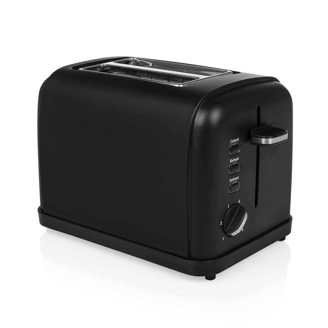 Princess Black Steel Toaster mit Brötchenaufsatz - 6 einstellbare Bräunungsstufen, Auftau-, Aufwärm-