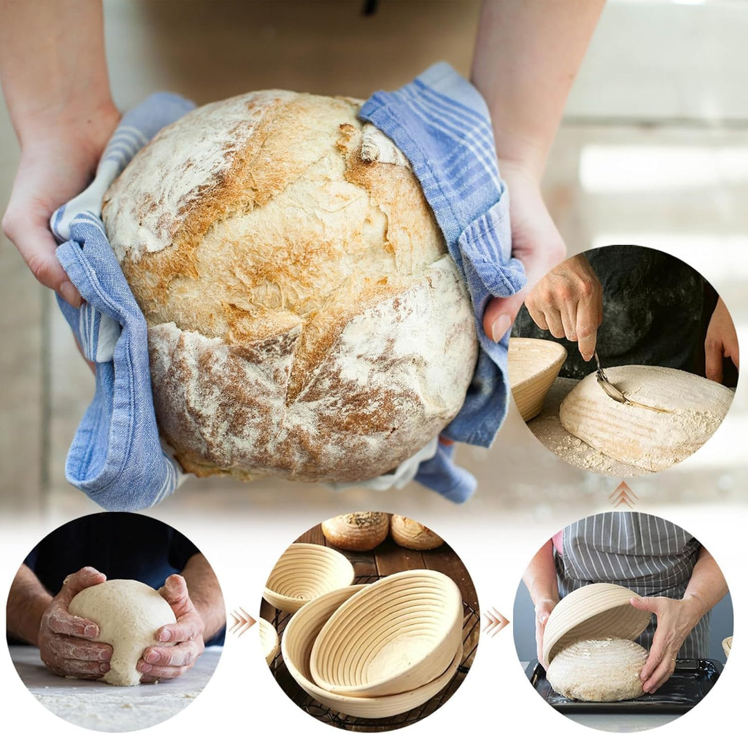 Gärkorb Brot Set,25cm Gärkörbchen zum Brotbacken, Sauerteig Starter Set, Einschliesslich Teigschaber
