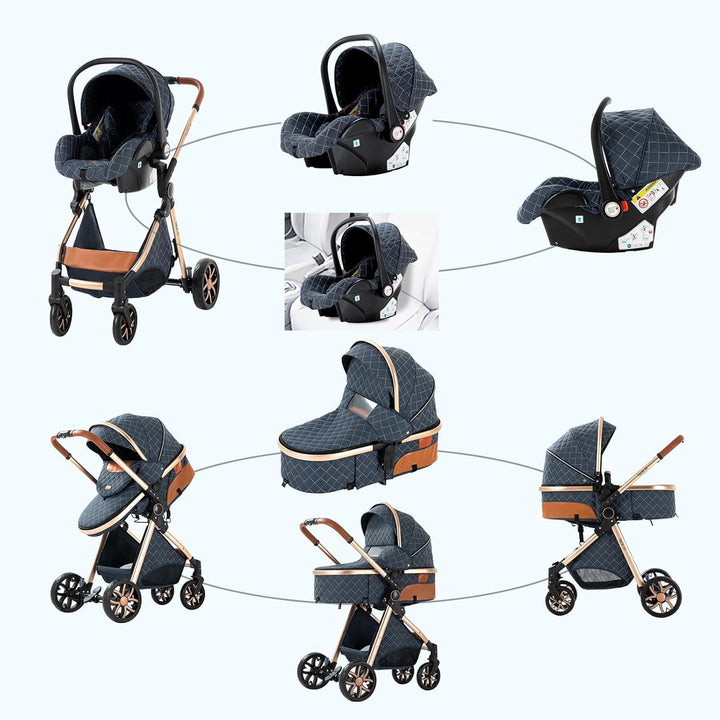 Prokoke Kinderwagen 3 in 1, Buggy mit Umkehrbarem Zwei-Wege-Schub, Kinderwagen Rahmen Aluminiumlegie
