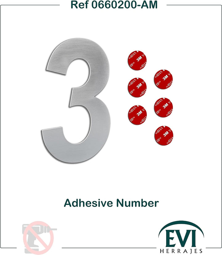 Klebe-Hausnummer aus Edelstahl | Nº 3 | 160 x 95 mm | Für Innen- und Aussenwände, Tore oder Türen |