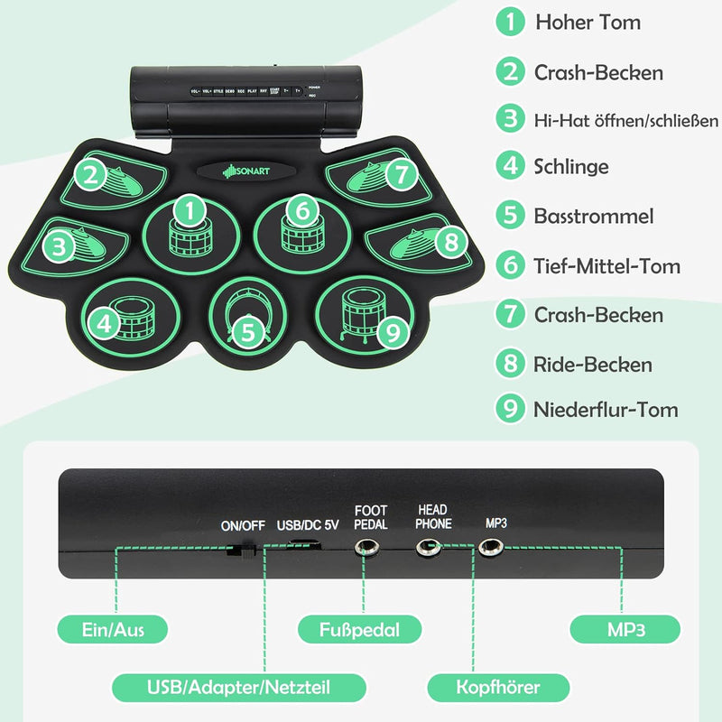 GOPLUS Elektronisches Schlagzeug mit 9 Pads, Sticks & Pedalen, Aufrollbares Schlagzeug-Set mit zwei