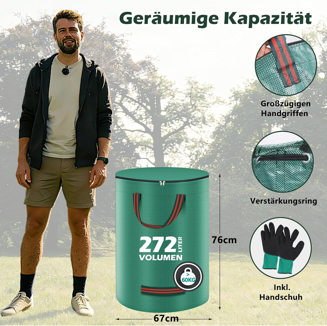 Miaglury 3X 272L Gartenabfallsack Stabil mit Deckel & inkl. Handschuhe - Gartensack Laubsack Gross,