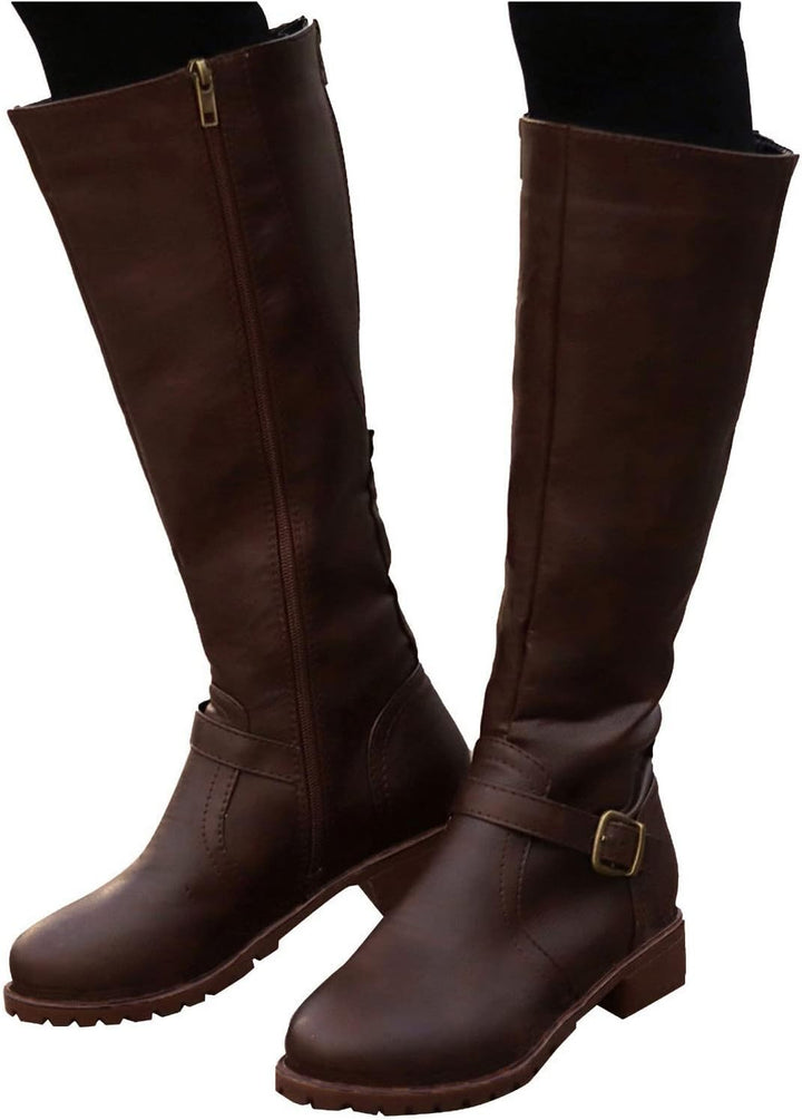 Stiefel Damen,Winterstiefel Damen Ohne Absatz Flach Langschaft Hohe Stiefel Retro Leder Kniehoch Boo