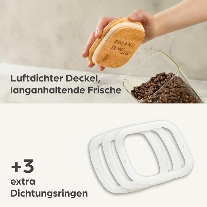 Praknu Vorratsdosen mit Deckel luftdicht Glas - 3er Set Vorratsgläser eckig - 1L - aus Borosilikatgl