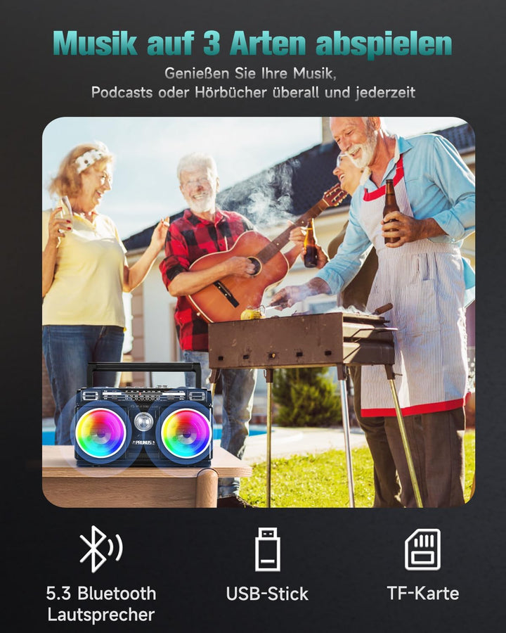 PRUNUS J-750 Retro Radio FM/AM/SW Transistorradio, Tragbares Radio mit 1800mAh Akku, Solar/USB-C Auf