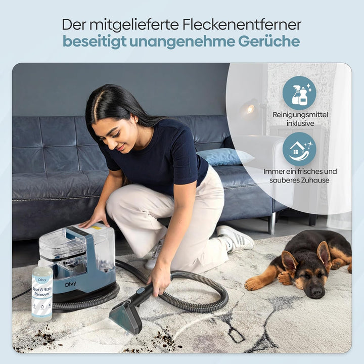 Olvy Teppichreiniger 2.0 - Leistungsstarker 17.000 PA Fleckenentferner mit 1,6m Schlauch, 4m Kabel,