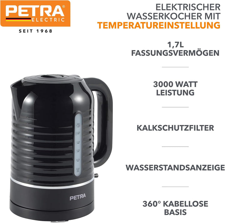 Petra PT5572BLKVDE Elektrischer 1.7L Wasserkocher – 3000W Schnellkochen, Wasserstandsanzeige, Antika