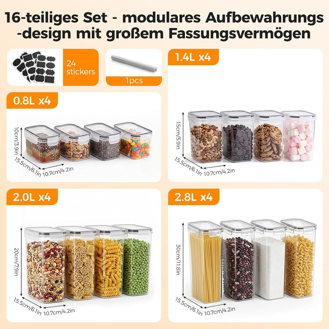 2.8L/30CM Küchen Vorratsdosen mit Deckel Luftdicht Gross 16er Set BPA Frei, aufbewahrungsbox mit dec
