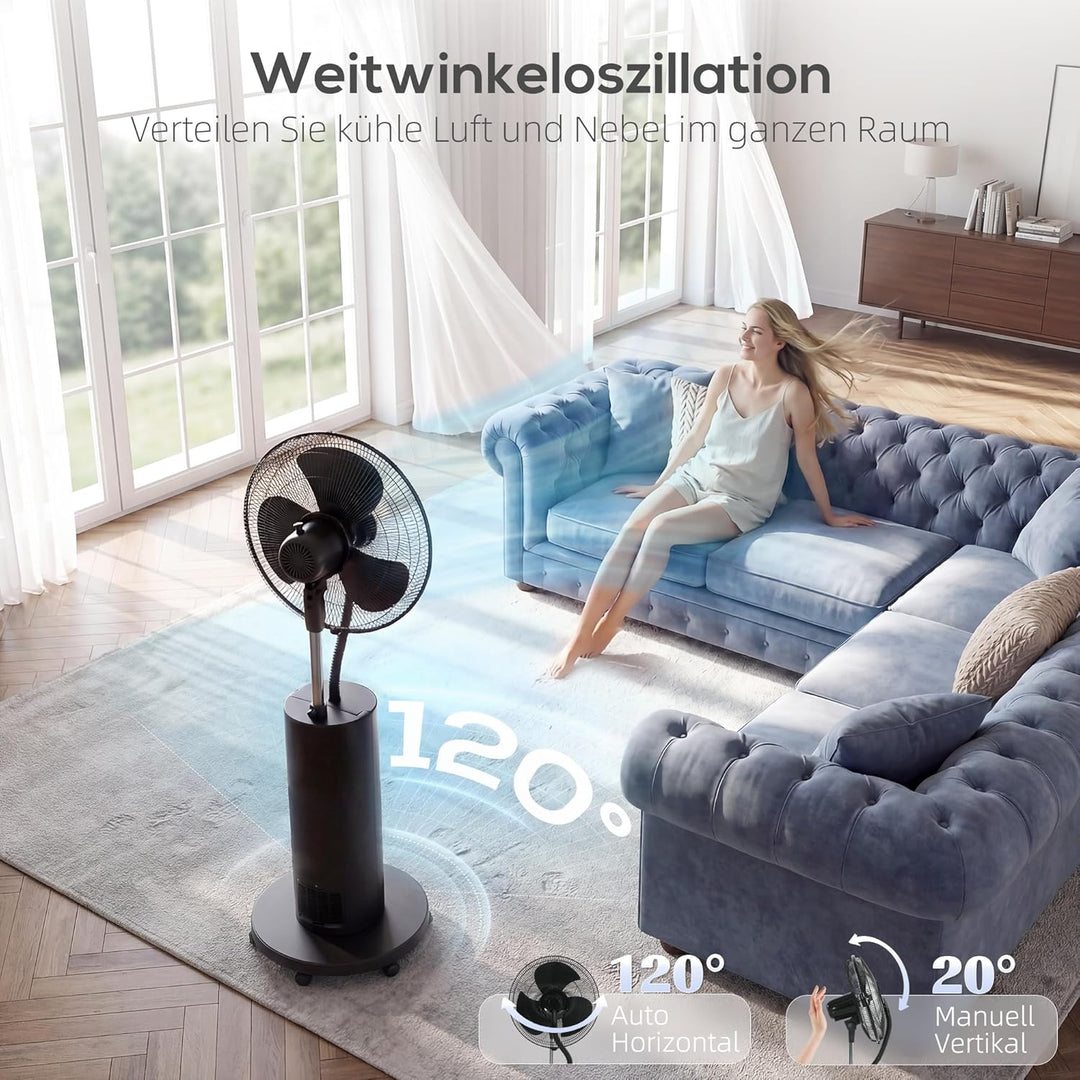 HOMCOM Ventilator mit Wasserkühlung, Luftbefeuchter leise, Neigbar Standventilator inkl. Sprühnebel,