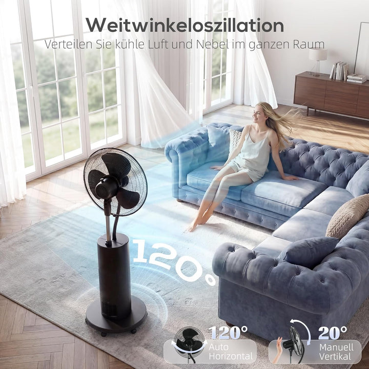 HOMCOM Ventilator mit Wasserkühlung, Luftbefeuchter leise, Neigbar Standventilator inkl. Sprühnebel,