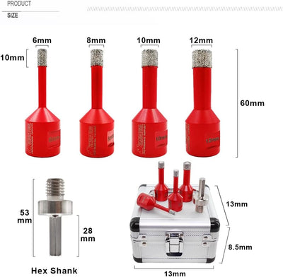 SHDIATOOL Diamantbohrkronen Set mit Box 6/8/10/12 mm und einem Adapter für Fliesen Porzellan Granit