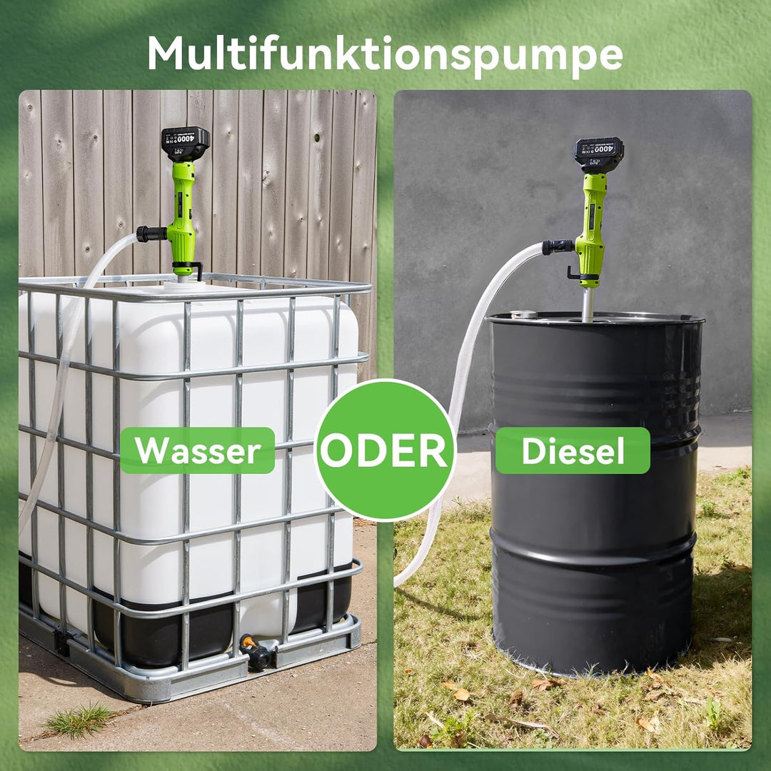 Kabellose Stab-Transferpumpe für Wasser/Diesel, 5,6cm Filter-Ø, 2725L/h Schnellentleerung, 60min Lau
