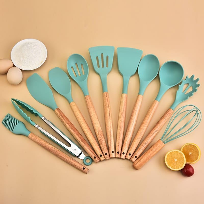 Silikon-Küchenutensilien-Set, 12-teilig, Holzgriffe, Aufbewahrungsbecher (Khaki)