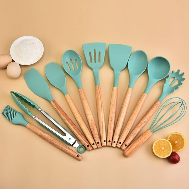 Silikon-Küchenutensilien-Set, 12-teilig, Holzgriffe, Aufbewahrungsbecher (Khaki)