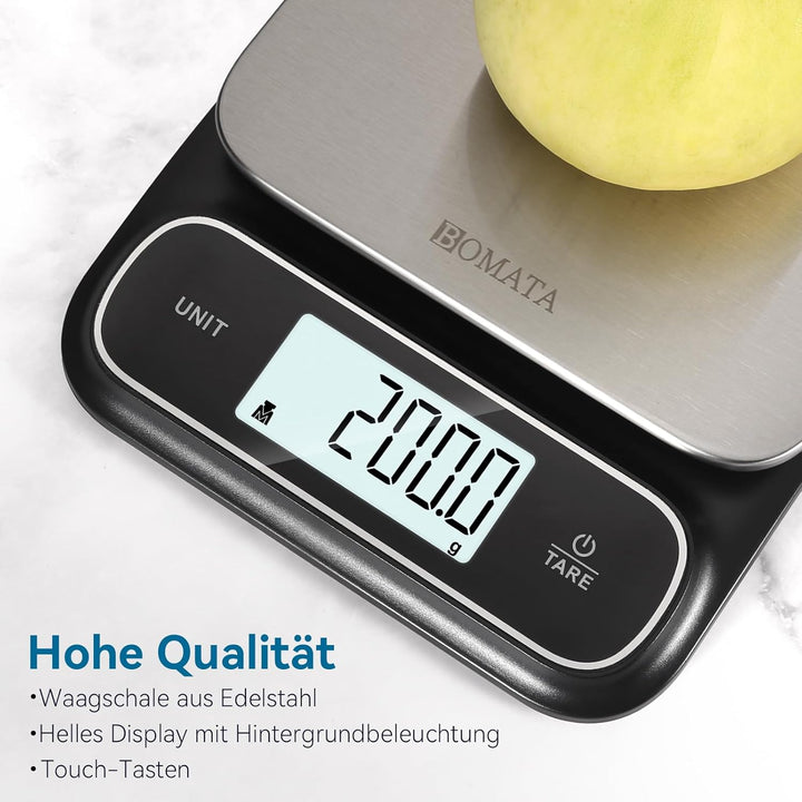 BOMATA Wasserdichte IPX6 Küchenwaage, 0,1g hohe Präzision, 5kg, digitale Waage mit Hintergrundbeleuc