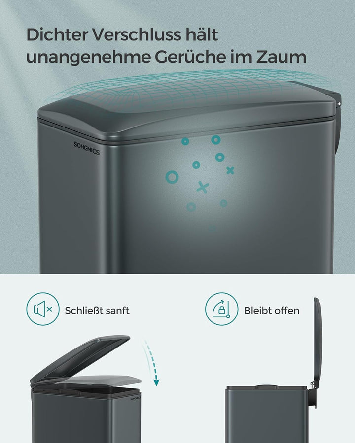 SONGMICS Mülleimer Küche, Inneneimer aus Kunststoff, mit Deckel, Softclose, LTB202B01, Anthrazitgrau