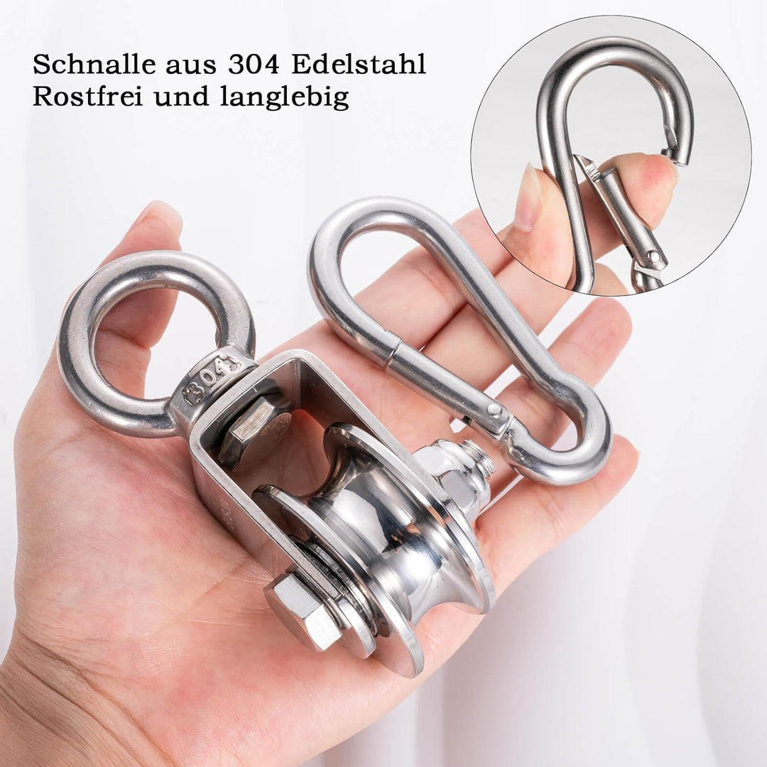 Umlenkrolle mit 2 Kugellager, Edelstahl Flaschenzug mit 10m/8mm Nylonseil, Tragfähigkeit 500 kg 1 48