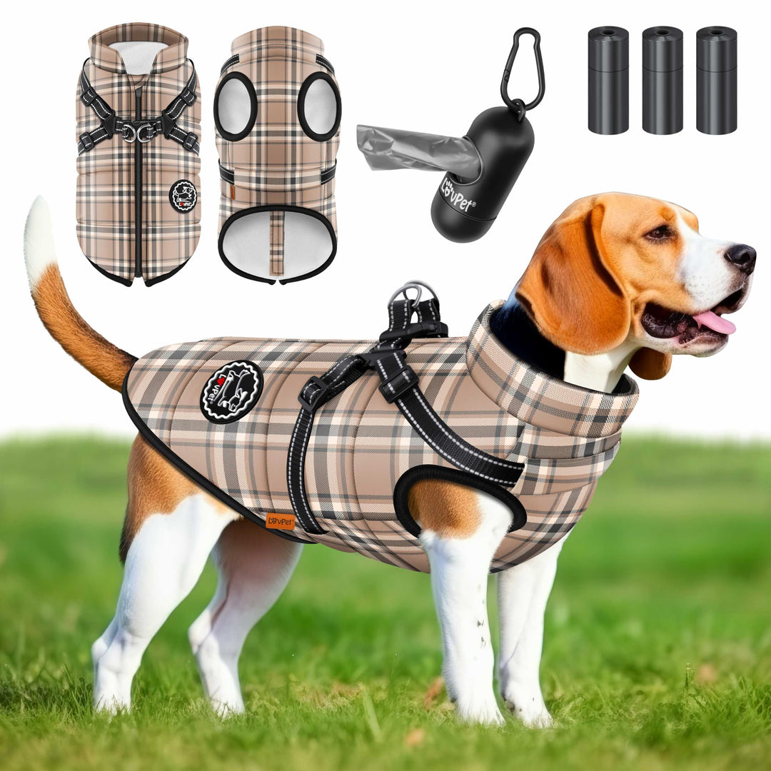 Hundejacke Hundemantel mit Geschirr, inkl. 45 Stück Kotbeutel + Spender, Hunde Winterweste gefüttert