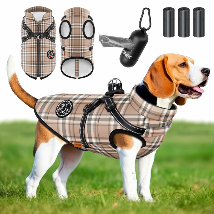 Hundejacke Hundemantel mit Geschirr, inkl. 45 Stück Kotbeutel + Spender, Hunde Winterweste gefüttert