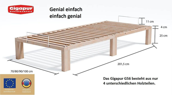 Gigapur Massives Holzbett G56, inkl. Lattenrost und Matratzenbügeln, Liegefläche 70x200cm (11302) Ho
