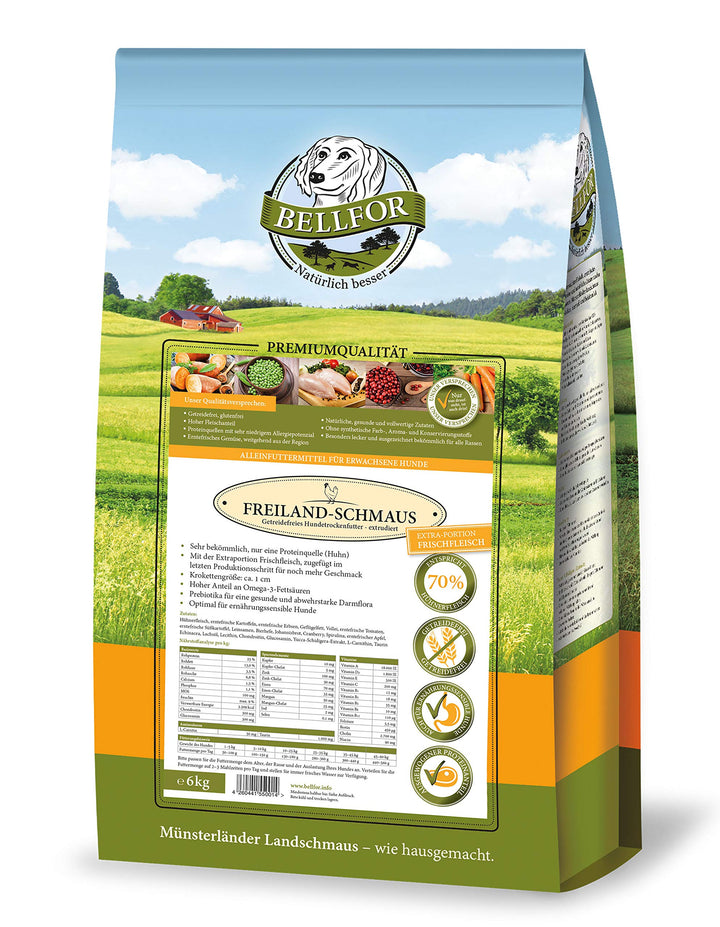 Bellfor Freiland-Schmaus Trockenfutter mit Huhn Getreidefrei Optimal für ernährungssensible Hunde Ho