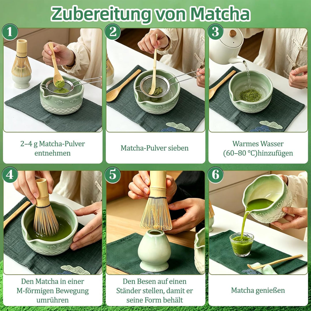 Matcha Set Komplett mit Schale, Bambusbesen, Sieb & Zubehör – Japanisches Matcha Geschenkset für Ein