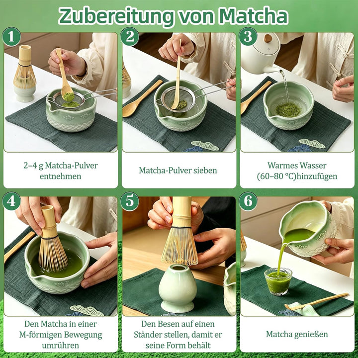 Matcha Set Komplett mit Schale, Bambusbesen, Sieb & Zubehör – Japanisches Matcha Geschenkset für Ein